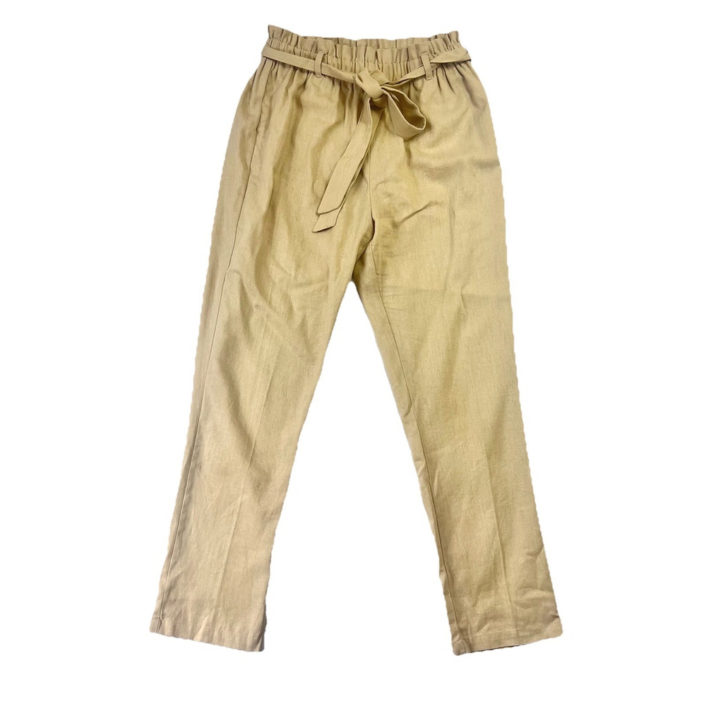 Active USA Paper bag Pants Linen Blend Women's Sz M Tan Pockets Elastic Waist